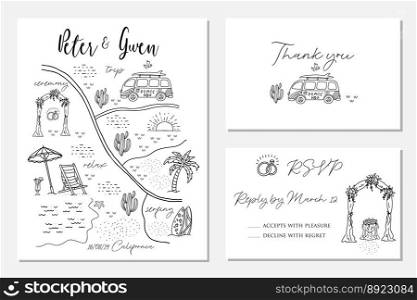 Set wedding invitation cards with map vector image