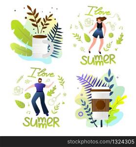 Set what to do in Summer, I Love Summer Vector. Nup Coffee on Background Grass and Leaves. Girl and Boyfriend are Planning Personal Summer Vacation. Hot Holiday Season. Cartoon Flat.