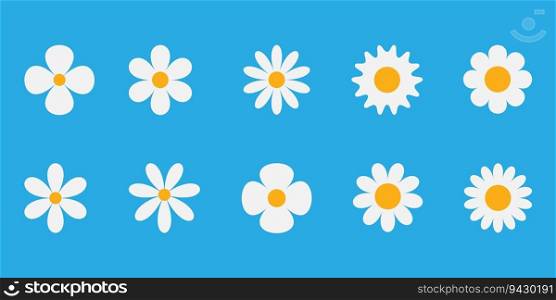 Set white daisy icons isolated, chamomile icon. Flat design
