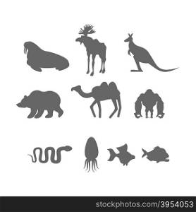 Set Wild animal silhouette. Animals from Zoo and fishes&#xA;