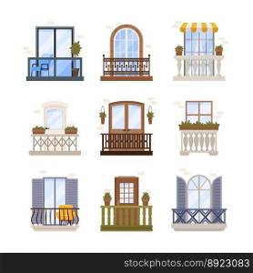 Set windows and balconies exterior architecture vector image