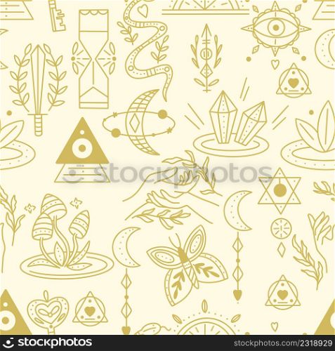 Set witchcraft symbols seamless pattern. Golden magical amulets and items for rituals and spells. Gold background for fabric, paper and product design vector illustration. Set witchcraft symbols seamless pattern