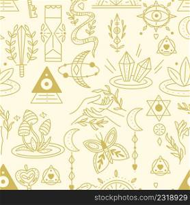 Set witchcraft symbols seamless pattern. Golden magical amulets and items for rituals and spells. Gold background for fabric, paper and product design vector illustration. Set witchcraft symbols seamless pattern