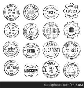 Set with 16 round isolated stamp postal signs with different departure cities in vintage style flat vector illustration. Monochromatic Isolated Postal Stamps Set