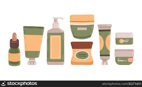 Set with beauty products. Skin, eyes, lips cosmetics and accessories. Flat graphic vector illustration isolated on white background