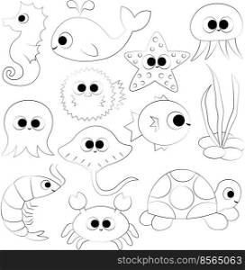 Set with cute cartoon underwaters animals in black and white