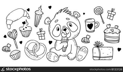 Set with cute character panda licks ice cream and sweets. Gifts, candy and cake, lollipop and muffin, roll and bagel. Vector illustration. Linear hand drawings of animals for kids collection, design
