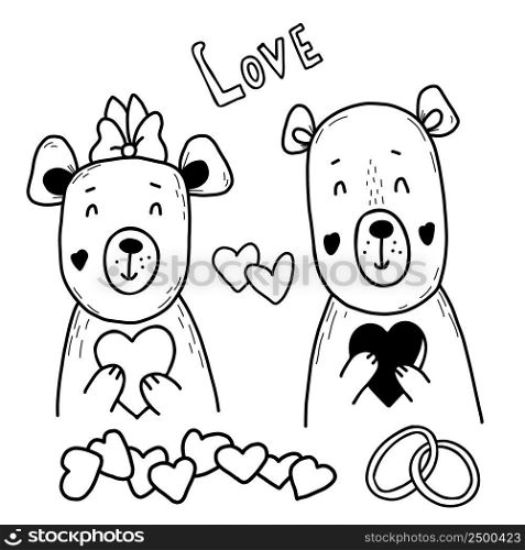 Set with cute couple of bears in love with hearts on background of wedding rings. Vector illustration in handmade doodle style. Isolated linear sketches for Valentines, love cards, decor and design