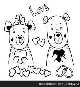 Set with cute couple of bears in love with hearts on background of wedding rings. Vector illustration in handmade doodle style. Isolated linear sketches for Valentines, love cards, decor and design