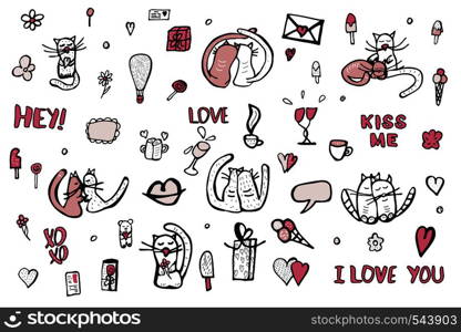 Set with cute love symbols. Cats, quotes Kiss me, I love you, xoxo and valentine day objects. Vector illustration.