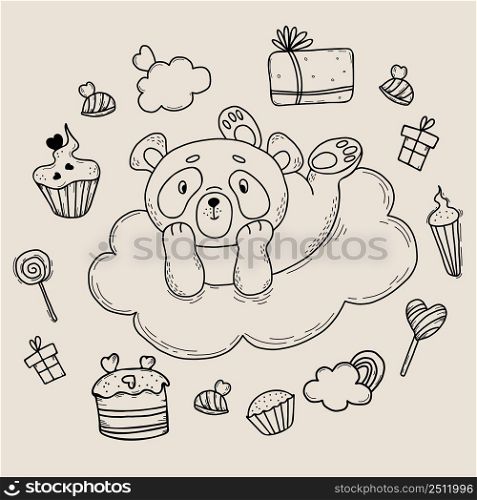 Set with cute panda on cloud. All around there are gifts, sweets, cakes and sweets, lollipop and rainbow. Vector illustration. Linear hand drawings with animal character for kids collection and design