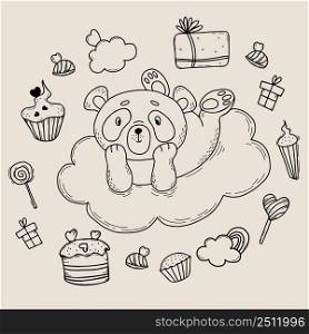 Set with cute panda on cloud. All around there are gifts, sweets, cakes and sweets, lollipop and rainbow. Vector illustration. Linear hand drawings with animal character for kids collection and design