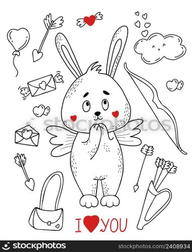 Set with Cute rabbit cupid with wings, love letters and balloon, cloud and bow with arrows. Vector illustration in hand drawn linear doodle style. Funny animal for design and decoration, postcard