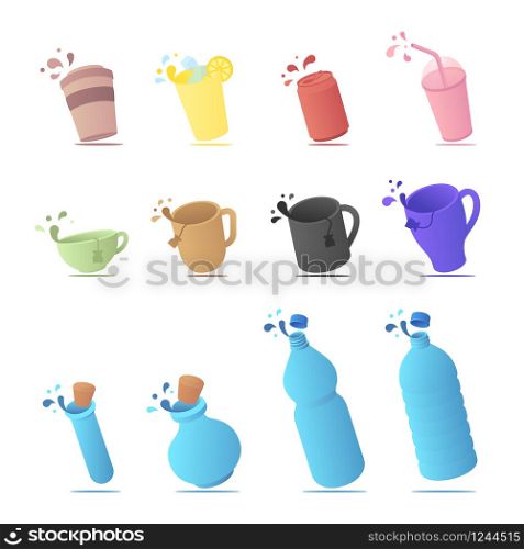 Set with different cup, mug and bottle isometric levitation with drops