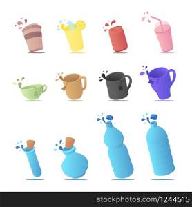 Set with different cup, mug and bottle isometric levitation with drops