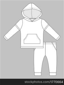set with double sleeve hoodie with kangaroo pocket and runner pants. Flat sketch template isolated on grey background