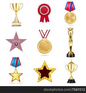 Set with eight big isolated realistic images of awards and medals with shadows on blank background vector illustration