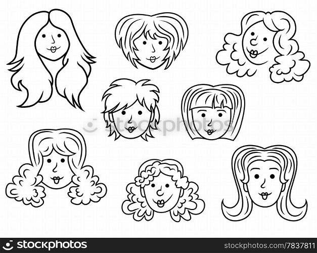 Set with eight funny women contour faces over white, hand drawing cartoon vector illustration