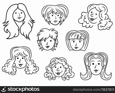 Set with eight funny women contour faces over white, hand drawing cartoon vector illustration