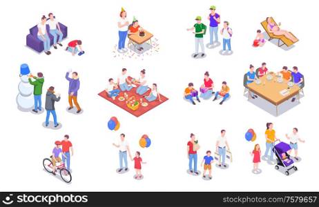 Set with family holidays isometric icons of people and leisure activities of family members with shadows vector illustration