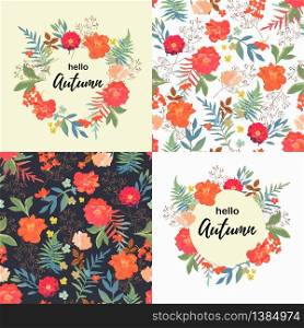 Set with Flowers seamless patterns and floral wreath hand drawn for print design. Vector modern background with colorful roses, ferns.