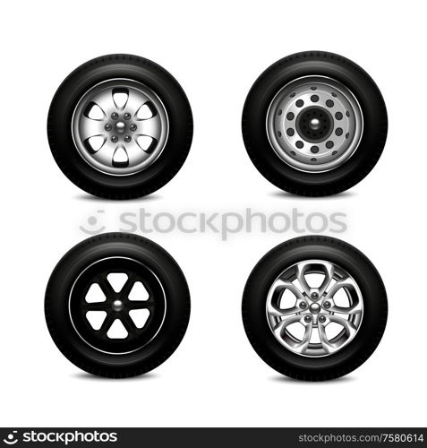 Set with four isolated car wheels realistic images with metal alloy wheels and rubber tyre tread vector illustration