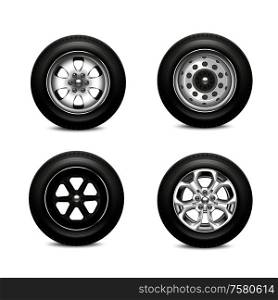 Set with four isolated car wheels realistic images with metal alloy wheels and rubber tyre tread vector illustration