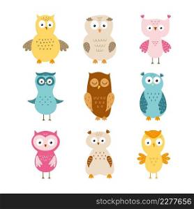Set with funny owls for kids. Vector illustration in the style of a freehand drawing.