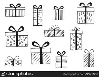 Set with gift box with different bows. Hand drawn vector illustration.