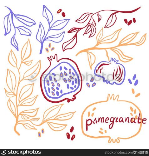 Set with hand drawn pomegranate and branches