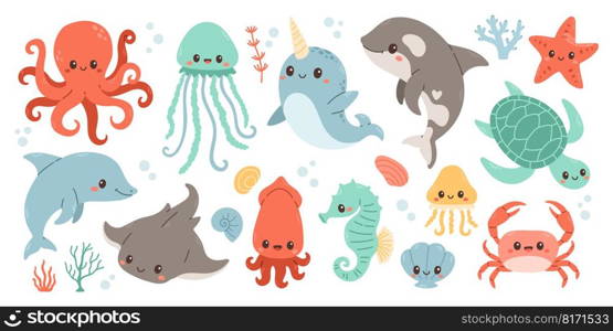 Set with hand drawn sea life elements. Vector doodle cartoon set of marine life objects for your design. 