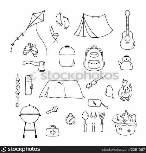 Set with icons for picnic and c&ing in doodle style. Vector  line   illustration.
