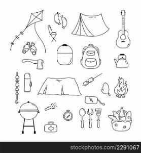 Set with icons for picnic and c&ing in doodle style. Vector  line   illustration.