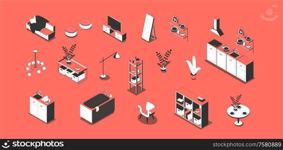 Set with isolated apartment furniture isometric images and icons of various interior elements for modern home vector illustration