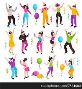Set with isolated characters of isometric celebrating people serpentine strips and colourful balloons on blank background vector illustration