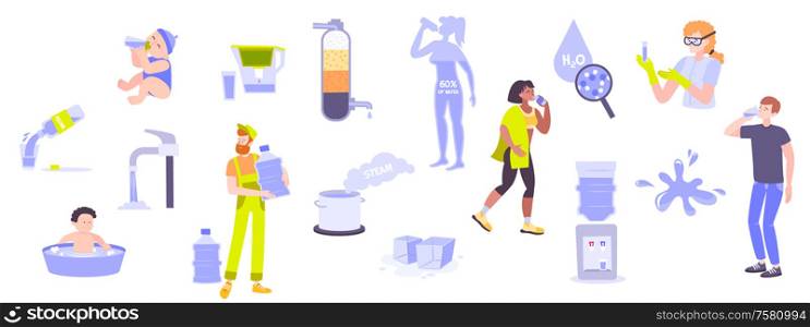 Set with isolated drinking water flat human characters with bottles and glasses of pure drinking water vector illustration
