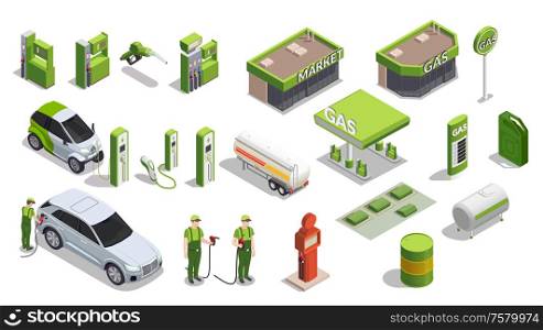 Set with isolated gas station isometric icons of gas filling columns outdoor buildings cars and people vector illustration