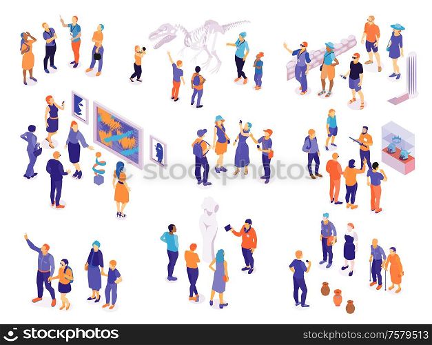 Set with isolated isometric guide excursion visitor characters with groups of human characters on blank background vector illustration