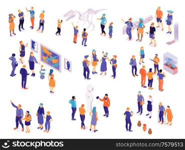 Set with isolated isometric guide excursion visitor characters with groups of human characters on blank background vector illustration