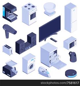Set with isolated isometric images of household appliances modern domestic machines for home on blank background vector illustration