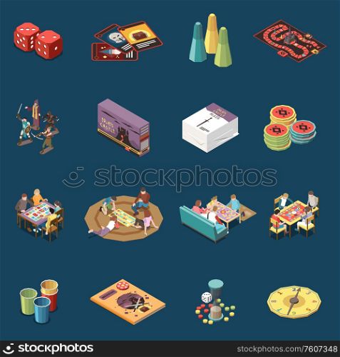 Set with isolated people playing board games isometric icons and images of game elements with characters vector illustration