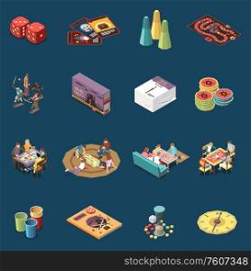 Set with isolated people playing board games isometric icons and images of game elements with characters vector illustration
