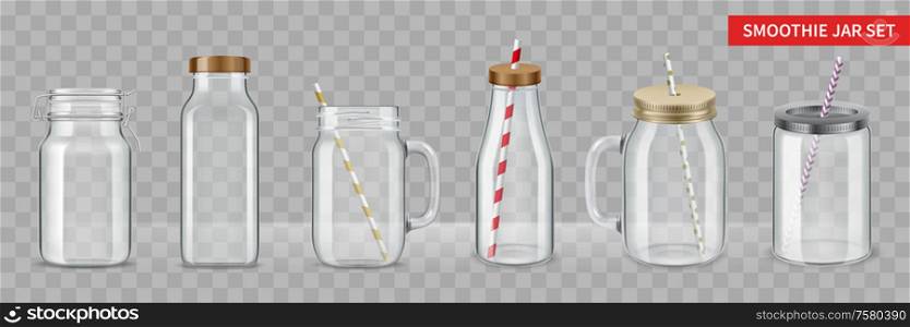 Set with isolated realistic images of jars on transparent background with drinking glasses of various shape vector illustration