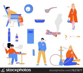 Set with isolated smokers smoking people flat icons and images of tobacco products vapes and hookah vector illustration