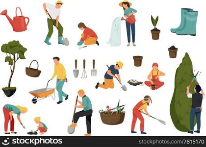 Set with isolated spring gardening flat recolor icons of gardening instruments and human characters of workers vector illustration