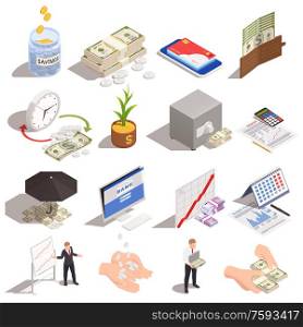 Set with isolated wealth management isometric icons and images of money and people on blank background vector illustration. Wealth Management Isometric Set