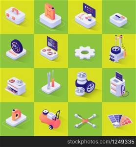 Set with Isometric Icons with Tools and Equipment for Automobile and Consumables Repair and Diagnostics, Wheel Replacement, Painting and Polishing. Vector 3d Illustration on Color Backdrop. Set with Isometric Icons with Tools and Equipment