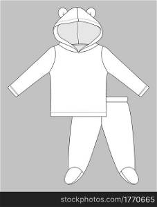 set with long sleeve hoodie with ears and pants. Flat sketch template isolated on grey background