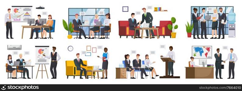 Set with master class presentation training. Teamwork or team building, office business meeting. Team brainstorming, annual report and statistics graphics discussion and planning. Business people work. Teamwork or team building, office business meeting