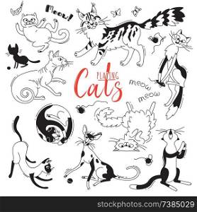 Set with playing cats of different breeds. Characters cat in the style of doodle cartoon. Vector illustration.. Set with playing cats of different breeds. Characters cat in the style of doodle cartoon. Vector illustration